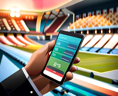 Uma mão segurando um telemóvel da aplicação de apostas desportivas num estádio